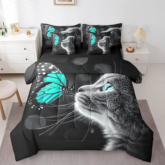 Selected Feelyou Cute Cat Comforter Set 7 Pieces King Size Butterfly Bedding Set for Boys Girls Kawaii Pet Kitten Bed in a Bag with Comforter Sheets Pillowcases amp Cushion Covers Trusted