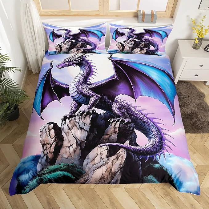 Selected Feelyou Dragon Bedding Duvet Cover Set Twin Size 3D Dragon Theme Bedding Set Decor Ancient Wildlife Dragon Deep Animal al World Scale Comforter Cover Set Purple Bedspread Cover No Comforter Stylish