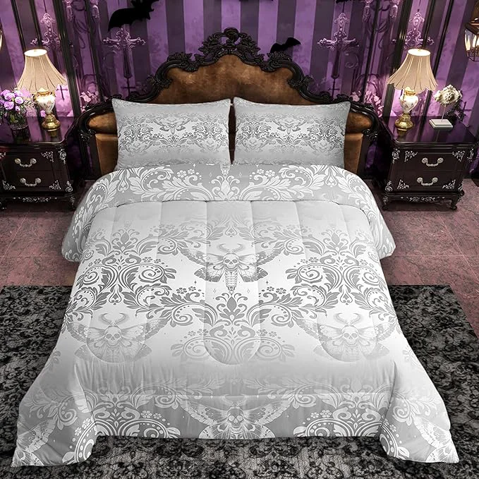 Enhanced Feelyou Adults Silver Vintage Damask Floral Comforter Set Oriental Antique Comforter King Size Gothic Bohemia Boho Flower Bedding Set Gothic Skull Duvet Set Quilt Set 3Pcs Responsible
