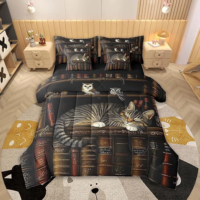 Fine Feelyou Vintage Library Comforter Set 7 Pieces King Size Book Cat Bedding Set for Boys Girls Cute Bookshelf Bed in a Bag with Comforter Sheets Pillowcases amp Cushion Covers Minimalist
