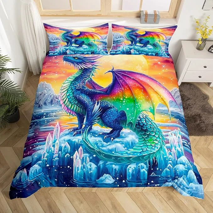 Enhanced Feelyou Dragon Bedding Duvet Cover Set King Size 3D Dragon Theme Bedding Set for Kids Boys Decor Ancient Wildlife Dragon Deep Animal Scale Ice Comforter Cover Set Colorful Bedspread Cover No Comforter Powerful