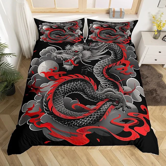 Original Design Feelyou Dragon Bedding Set Twin Size Kids Japanese Ukiyoe Comforter Cover Set Japanese Style 3D Dragon Anime Ancient Wildlife Sun Duvet Cover Black Bedspread Cover Room Decor Quilt Cover No Comforter Unique