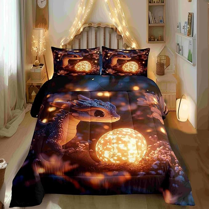 Advanced Cartoon Dragon Kids Comforter Set Cute Dragon Egg Bedding Set All Season Mysterious Wild Animals Comforter 2 Pcs with 1 Pillowcase Toddler Size Prestigious