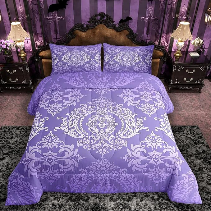 Versatile Feelyou Adults Purple Vintage Damask Floral Comforter Set Oriental Antique Comforter King Size Gothic Bohemia Boho Flower Bedding Set Bohemian Exotic Duvet Set Quilt Set 3Pcs Powerful