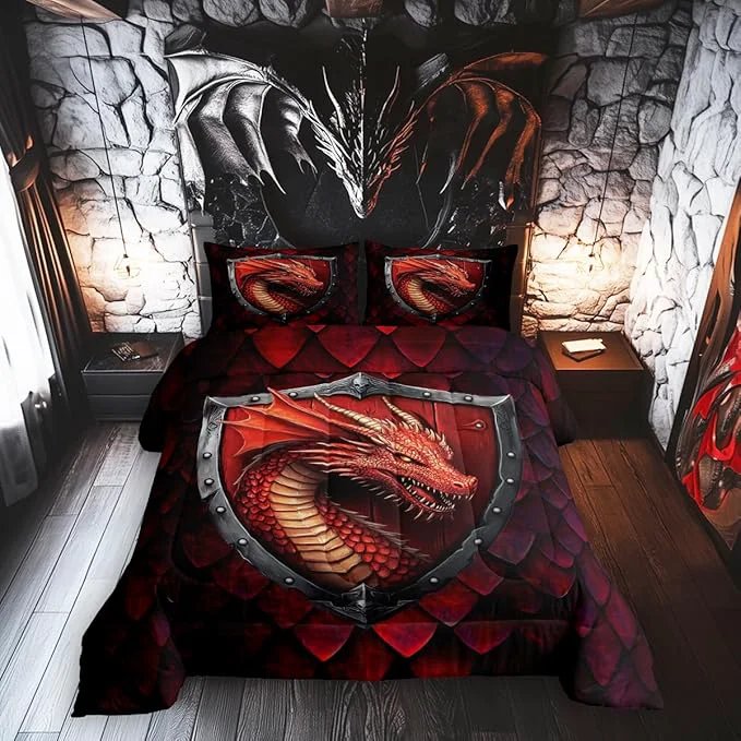 Original Castle Fairy Dragon Comforter Set Toddler Size 2 Pcs Dragon Scales Bedding Set Western Fierce Animals Quilt Set for Child Bedroom Duvet Insert 1 Pillowcase Efficient