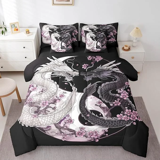 Exclusive Feelyou Dragon Comforter Set 7 Pieces King Size Yin Yang Cherry Flower Bedding Set for Boys Girls Wildlife Bed in a Bag with Comforter Sheets Pillowcases amp Cushion Covers Verified