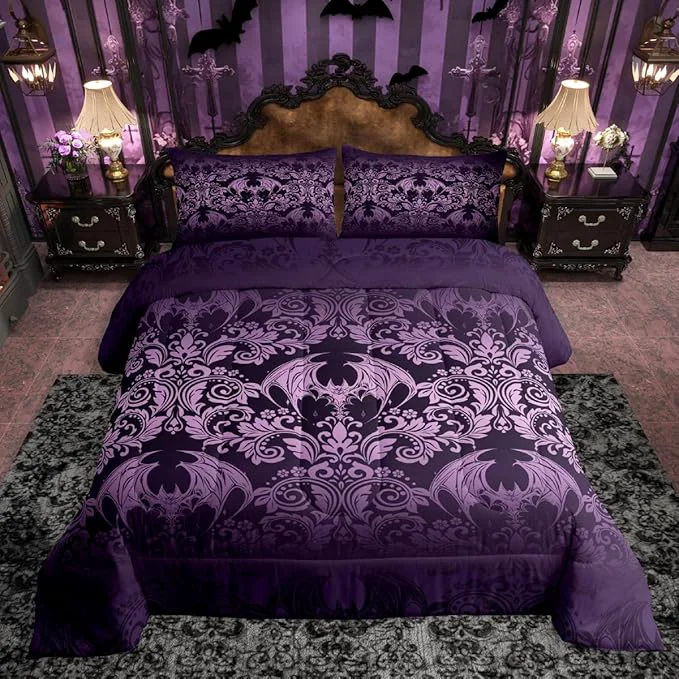 Refined Feelyou Gothic Damask Print Comforter Set Queen Size Purple Goth Bat Victorian Floral Bedding Set for KidsBoho Bohemian Exotic Duvet Quilt Bedroom Decor Microfiber 3 Pcs with 2 Pillow Cases Durable