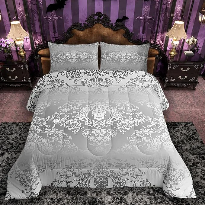 Unique Feelyou Adults Silver Vintage Damask Floral Comforter Set Oriental Antique Comforter King Size Gothic Bohemia Boho Bedding Set Exotic Sugar Skull Duvet Set Quilt Set 3Pcs Natural