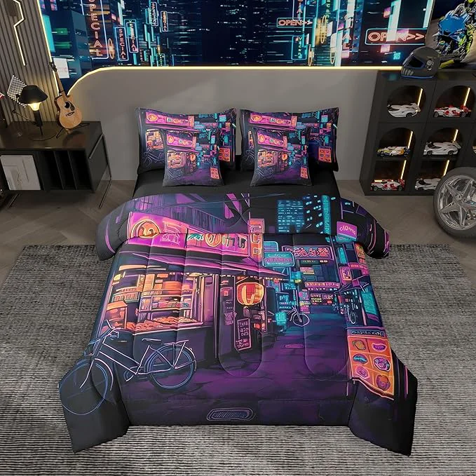 Fine Feelyou Japan Art Comforter Set 7 Pieces Twin Size Tokyo Anime Bedding Set for Boys Girls Japanese Night City Bed in a Bag with Comforter Sheets Pillowcases amp Cushion Covers Traditional