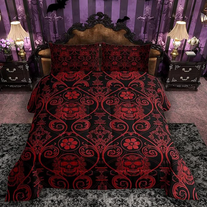 Optimized Feelyou Adults Red Vintage Damask Floral Comforter Set Oriental Antique Comforter King Size Exotic Sugar Skull Rose Bedding Set Gothic Bohemia Boho Duvet Set Quilt Set 3Pcs Carefully Designed