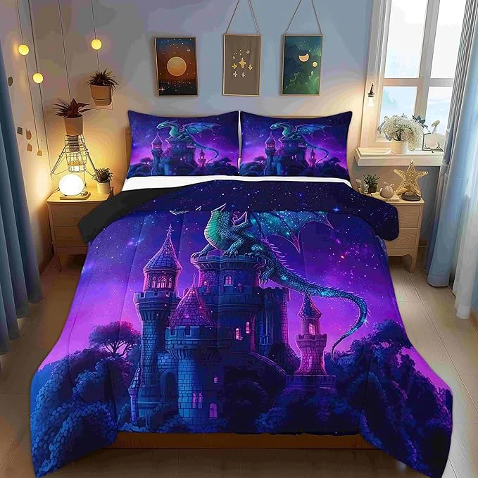 Sophisticated Western Dragon Boys Girls Comforter Set Castle Mysterious al Theme Duvet Set for Room Decor Fierce Wild Animals Brushed Microfiber Soft Quilt Cover Full Effective