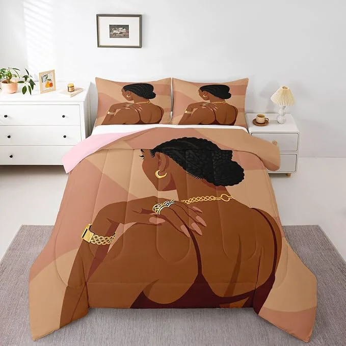 Premium Erosebridal Fashion Black Woman Comforter Set Queen Size 3 Piece Romantic Makeup Themed Girls Bedding Set Fashionable Gorgeous Down Comforter Vogue Afro Girls Duvet Insert For Kids Teens Adult Bedroom High-Quality