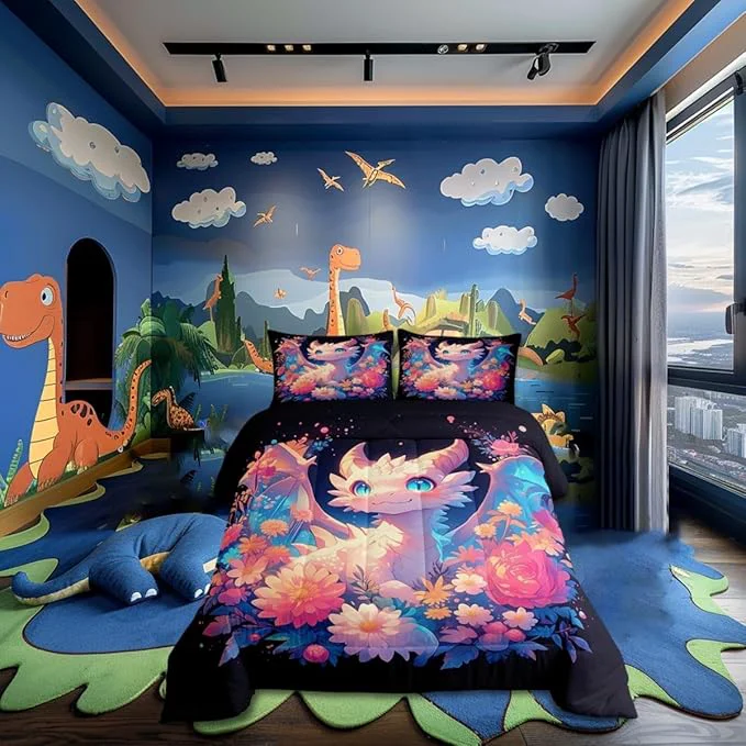 Traditional Castle Fairy Dragon 3 Pcs Queen Size Comforter Set Watercolor Flower Down Adults Room Decor Cute Wildlife Western Animals Ultra Soft Microfiber Inner Fill 3Pcs Bedding Superior
