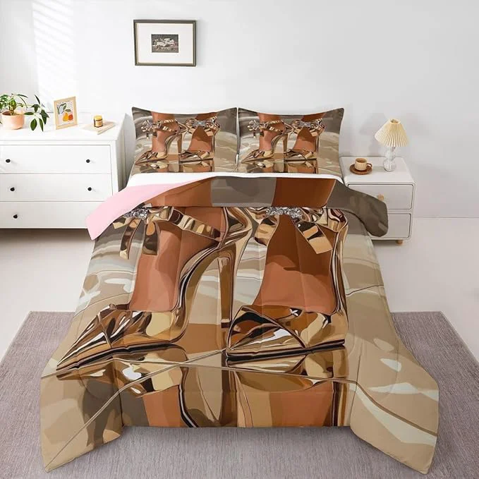Verified Erosebridal High-Heels Girlish Girls Comforter Set Full Size Romantic Fashion Bedding Set Fashionable Gorgeous Quilt for Kids Children Women Bedroom Decor Modern Minimalist Gold Down Comforter Relaxed