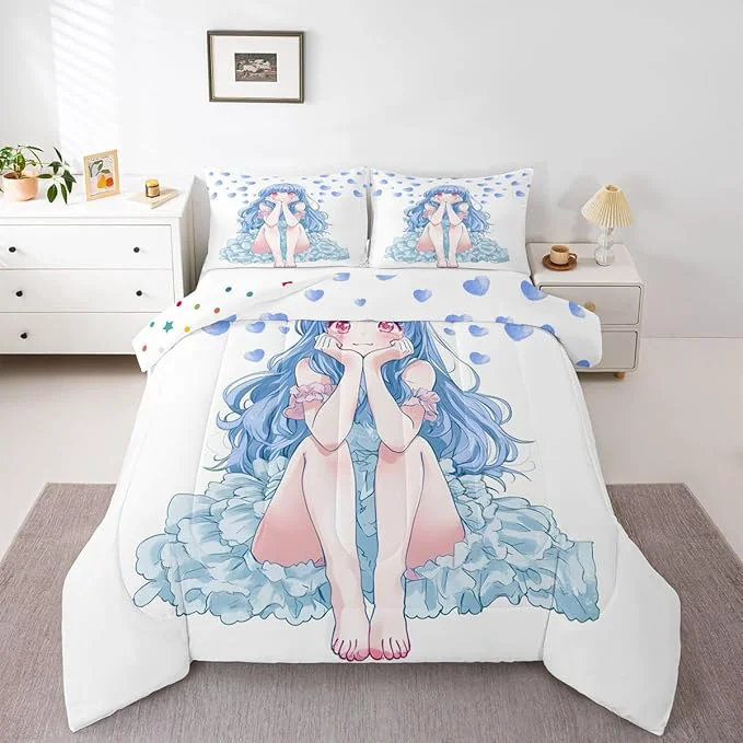 Authentic Erosebridal Blue Girly Anime Kids Down Comforter Cute Cartoon Girl Queen Comforter Set Romantic Aesthetic Bedding Set Kawaii Watercolor Love Heart Quilt Set 2 Pillow Cases High-Quality