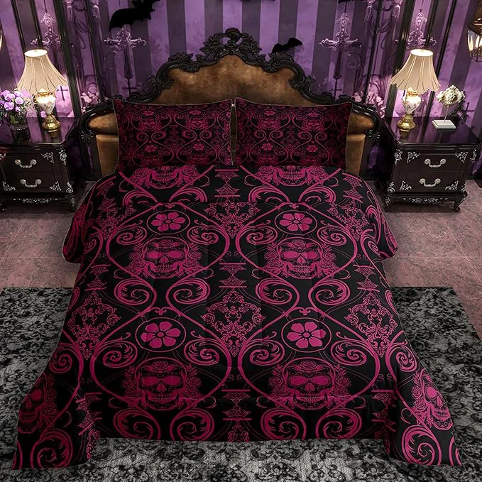 Recyclable Feelyou Adults Pink Vintage Damask Floral Comforter Set Oriental Antique Comforter Full Size Exotic Sugar Skull Rose Bedding Set Gothic Bohemia Boho Duvet Set Quilt Set 3Pcs Practical