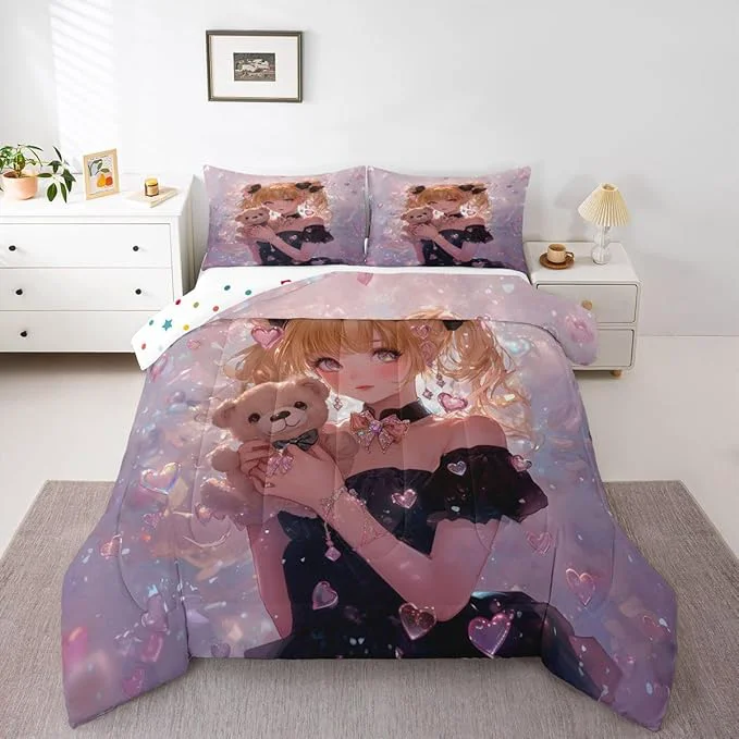 Exceptional Erosebridal Bow Girls King Down Comforter Pink Kawaii Cartoon Anime Kids Comforter Set with 2 Pillow Cases Romantic Aesthetic Princess Bedding Set Japanese Style Girl Bed Set Responsible