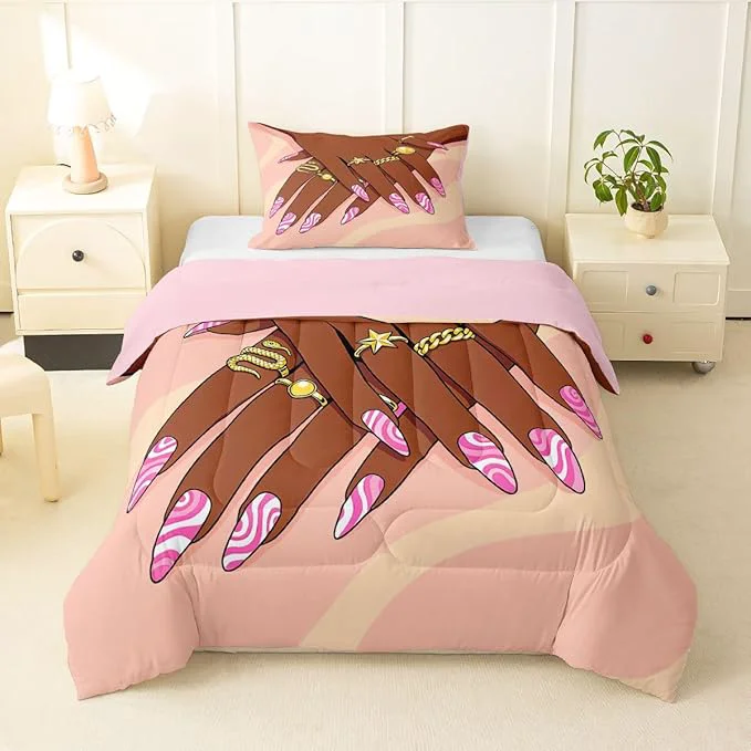 Eco-Friendly Erosebridal Romantic Makeup Themed Comforter Set Twin Size for Girls Fashion Girlish Quilt Black Girls Bedding Set for Kids Teens Adult Women Bedroom Afro Vogue Princess al Down Comforter Pure