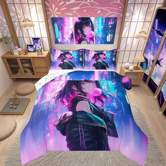 Comfortable Erosebridal Anime Girl Comforter Set King Size Kawaii Japanese Anime Quilt for Kids Boys Teens Adult Cartoon Girl Bedding Set Japan Animation Bedroom Decor Machine Washable Lightweight Unique