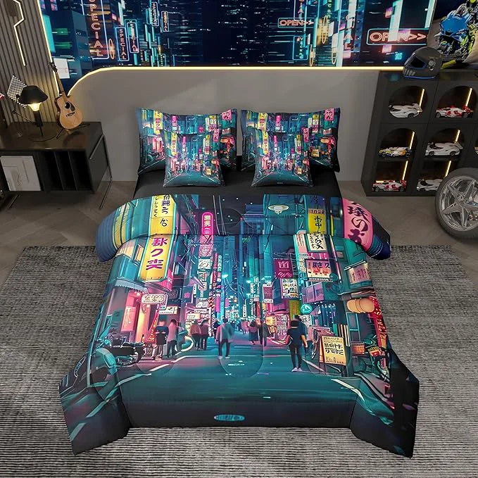 Exclusive Feelyou Japanese Art Comforter Set 7 Pieces Queen Size Tokyo Anime Bedding Set for Boys Girls Japan Night City Bed in a Bag with Comforter Sheets Pillowcases amp Cushion Covers Elite