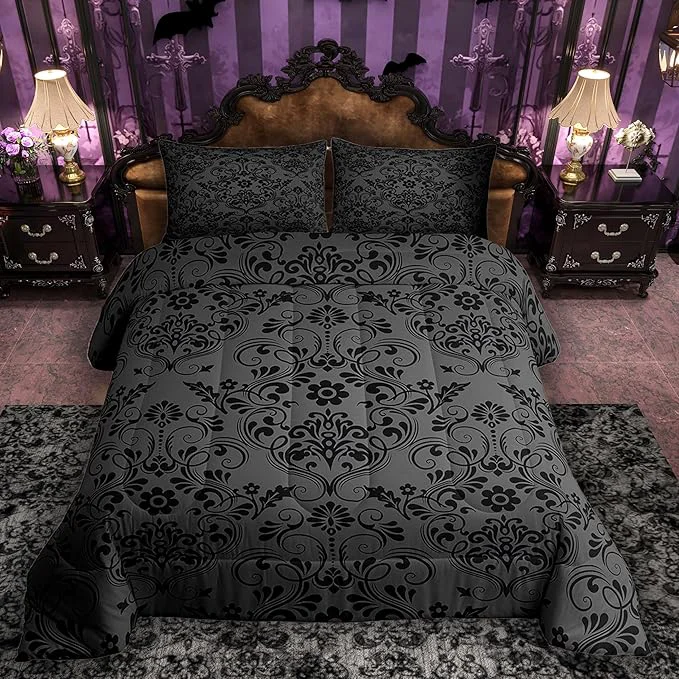 Expertly Made Feelyou Adults Black Vintage Damask Floral Comforter Set Oriental Antique Comforter Twin Size Gothic Bohemia Boho Flower Bedding Set Bohemian Exotic Duvet Set Quilt Set 2Pcs Fashionable