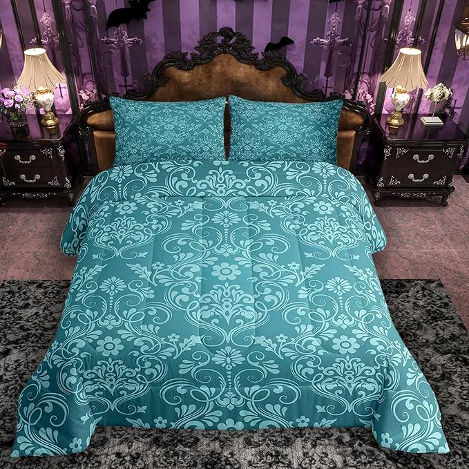 Versatile Feelyou Adults Teal Vintage Damask Floral Comforter Set Oriental Antique Comforter Twin Size Gothic Bohemia Boho Flower Bedding Set Bohemian Exotic Duvet Set Quilt Set 2Pcs Smooth