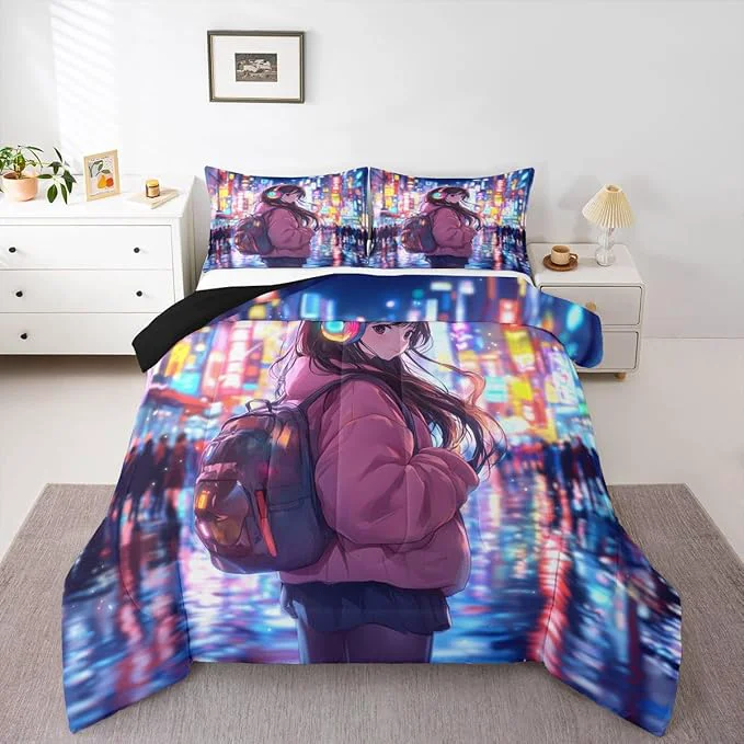 Safe Erosebridal Cool Anime Girl Down Comforter Japanese Style Kids Queen Comforter Set 3D Cartoon Girly Anime Bedding Set Sci Fi Style Gaming Bed Set Room Decor 3 Pcs High-Grade