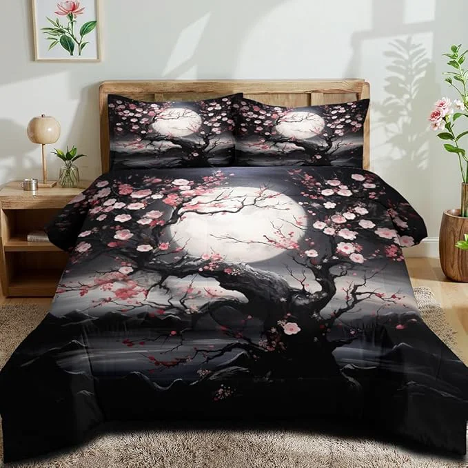 Authentic Japanese Style Cherry Blossom Comforter Set Queen Pink Cherry Blossoms Bedding Black Floral Bedding Set 3Pcs Oriental Comforter Asian Art Decorative Bedding Comforter Set for All Season Original