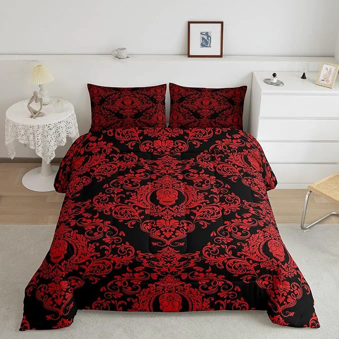 Functional Feelyou Adults Red Vintage Damask Floral Comforter Set Oriental Antique Comforter Full Size Gothic Bohemia Boho Bedding Set Exotic Sugar Skull Duvet Set Quilt Set 3Pcs Relaxed
