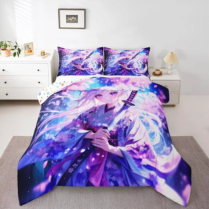 Soft Erosebridal Anime Girl Twin Comforter Set for Kids Kawaii Japanese Anime Bedding Set Cartoon Girl Duvet Insert Sci Fi Style Japanese Animation Quilt for Kids Girls Teens Adult Bedroom World-Class