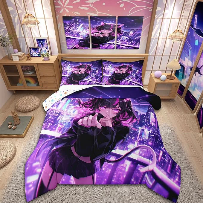 Relaxed Erosebridal Kids Anime Girl King Size Bedding Set Japanese Anime Comforter Set Cartoon Girl Duvet Insert for Boys Teens Bedroom Decor Kawaii Japanese Animation Quilt with 2 Pillow Cases Top-Quality