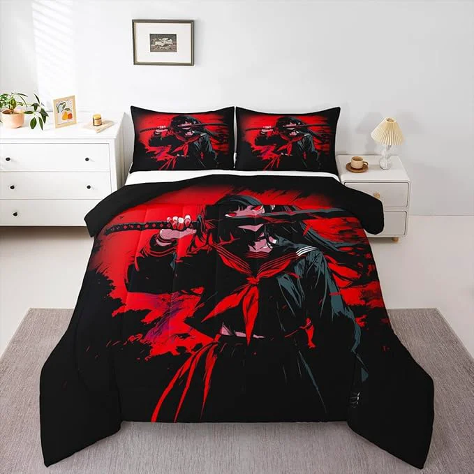 Soft Erosebridal Japanese Anime Bedding Set for Kids Anime Girl Comforter Set Full Size Japanese Girl Duvet Insert for Girls Teens Adult Room Kawaii Animation Red Black Quilt Machine Washable Classic