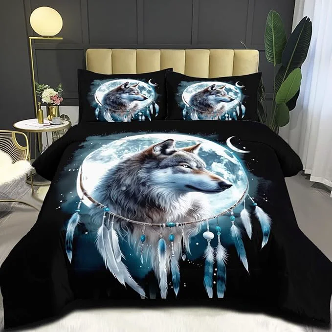 Trendy Wolf Comforter Set Queen Size Wolves Moon Bedding Set Dream Catcher amp Animal Pattern on Black Bedding Western Boho Tribal Comforter Soft Microfiber Down Quilt 3 Pieces Reliable