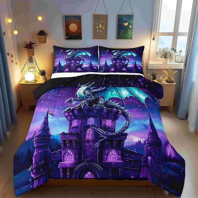 Effective Dragon Wildlife Comforter Set Toddler Size Western Castle Bedding Set for Kids Teens Mysterious al Theme Down Comforter 2 Pcs 1 Pillowcase Sophisticated