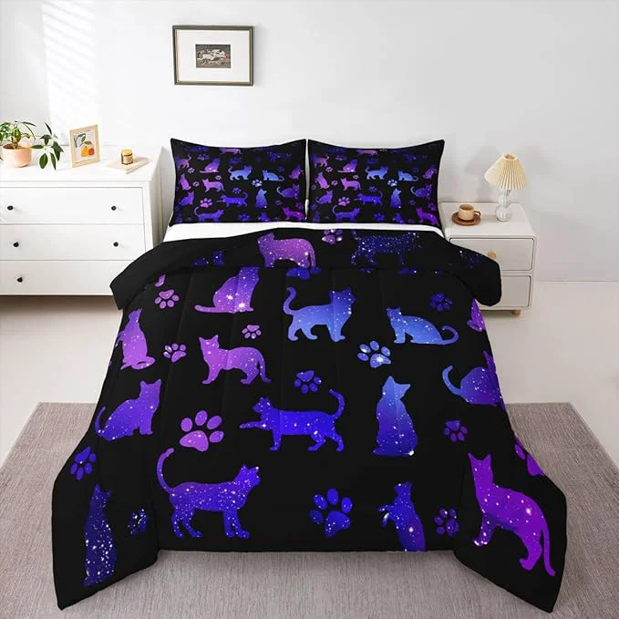 User-Friendly Erosebridal Cat Comforter Set Queen Lovers Bedding Cats Cartoon Silhouette Purple Blue Reversible Black Ombre Down Neon Pets Animal Paw Print Galaxy Slitter Stars Quilt For Kids Boys Girls Multi 361 Eco-Friendly