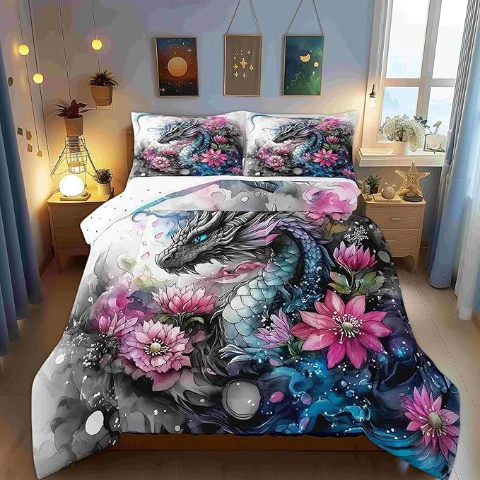 Fine Castle Fairy Chinese Loong 3 Pcs Queen Size Comforter Set Wild Animals Dragon Down Adults Room Decor Retro Flower Ink Wash Painting Ultra Soft Microfiber Inner Fill 3Pcs Bedding Functional