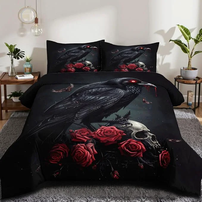 Specialty Black Crow Red Rose Skull Comforter Set King Size Halloween Gothic Roses Skeleton Bedding Set Holiday Decoration Bedding Black Floral Bird Down Comforters Soft Microfiber Comforter Sets Expertly Made