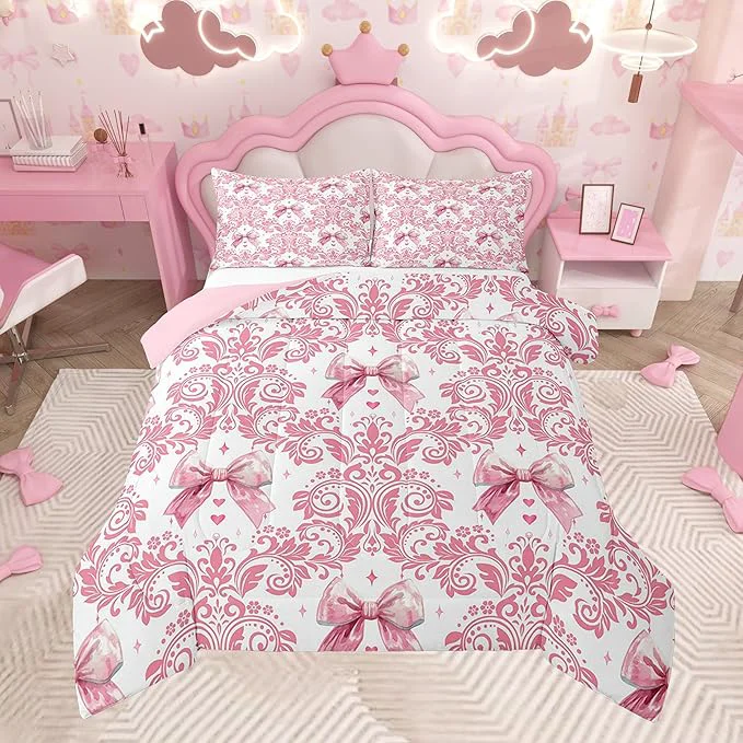 Quality Feelyou Girls Pink Bowknot Comforter Set King Size Goth Damask Comforter Victorian-Themed Bedding Set Baroque Duvet Set Vintage Floral Quilt Set 3Pcs Fast