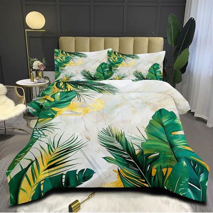 Premium Material Tropical Palm Leaf Comforter Set King 3Pcs White Gold Marble Bedding Set Green Botanical Palm Leaves Bedding Soft Down Comforter Sets with 2 Pillowcases Flexible