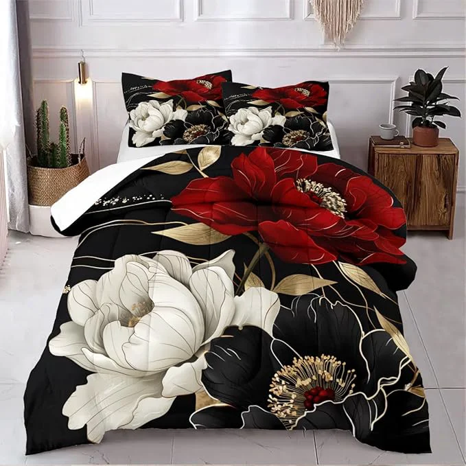 Versatile Floral Comforter Set Queen 3Pcs Red Black Vintage Flower Bedding Set for Women Retro Elegant Aesthetic Bedding Super Soft Down Comforter Sets with 2 Pillowcases Genuine