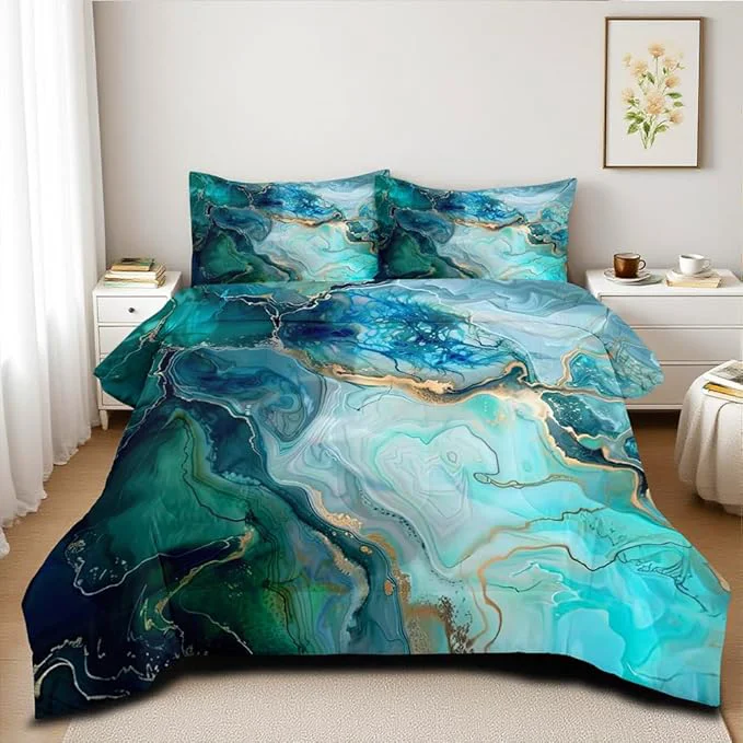 Stylish Turquoise Marble Comforter Set King Size Teal Blue Abstract Bedding Set Women Men Modern Aesthetic Comforters 3 Piece Gold Marbling Art Bed Sets Soft Lightweight Microfiber Comforter Sets Premium