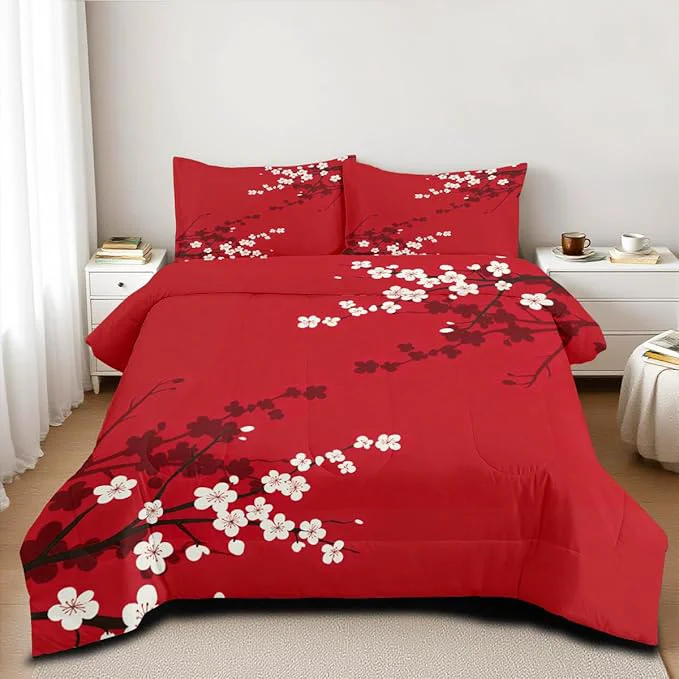Refined Red Oriental Comforter Set Queen Size Japanese Style Cherry Blossom Bedding Set for Girls Kids Teens 3 Pieces Asian Vintage Floral Bedding Soft Lightweight Comforter with 2 Pillowcases Minimalist