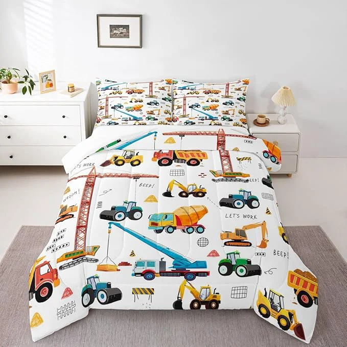 Effective Tractor Comforter Excavator Machinery Trucks Bedding Set Full Size Construction Vehicle Down Comforter Bulldozer Crane Equipment Truck Quilt Set For Child Teens 3Pcs Bedroom Decor Yellow Green Refined