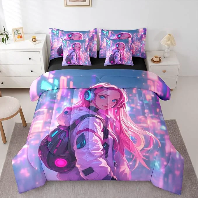High-End Erosebridal Anime Girl King Comforter Set 7 Piece Japanese Style 3D Anime Bedding Set for Kids Girls Boys Room Decor Sci Fi Style Gaming Bed in A Bag Hot Pink Colorful Bed Bed Set Verified