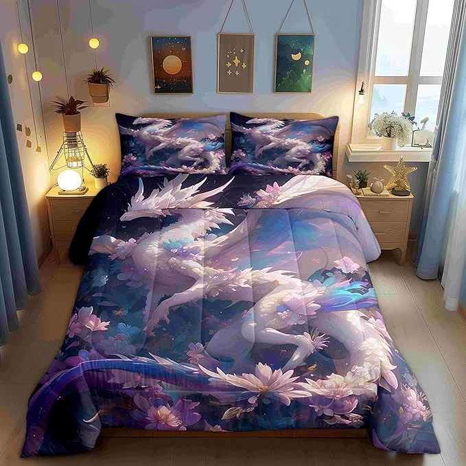 Environmentally Friendly Dragon Bed Comforter Set Queen Size Dreamy Cartoon Animals Super Soft Microfiber Bedding Set for Girls Boys Watercolor Flowers Decorative Quilter Set Advanced
