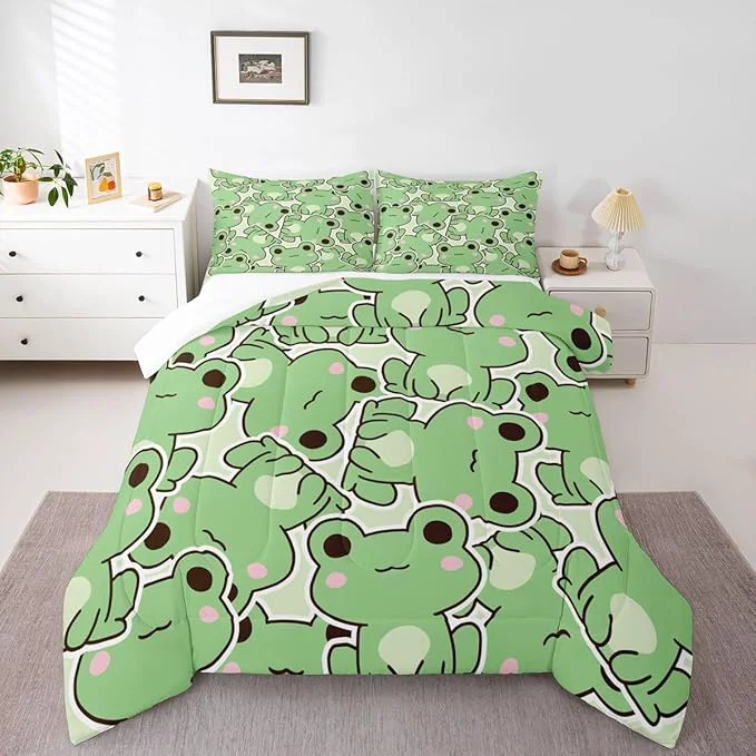 Effective Cute Frog Comforter Set King Size Kawaii Frog Bedding Set For Kids Boys Girls Teens Green Wild Animals Farmhouse Down Comforter Wildlife Rustic Funny 3Pcs Quilted Duvet All Season Bedroom Decor High-End
