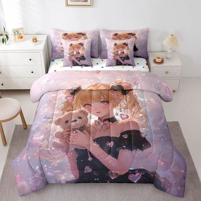 Enhanced Erosebridal Bow Girls Bedding Set Pink Kawaii Cartoon Anime Kids Twin Comforter Set 7 Piece Romantic Aesthetic Princess Bed in A Bag Japanese Style Girl Bed Set Easy-to-Use