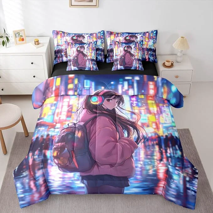 Prestigious Erosebridal Cool Anime Girl Bedding Set Japanese Style Kids Full Comforter Set 7 Piece 3D Cartoon Girly Anime Bed in A Bag Sci Fi Style Gaming Sheet Set with Comforter Room Decor Minimalist