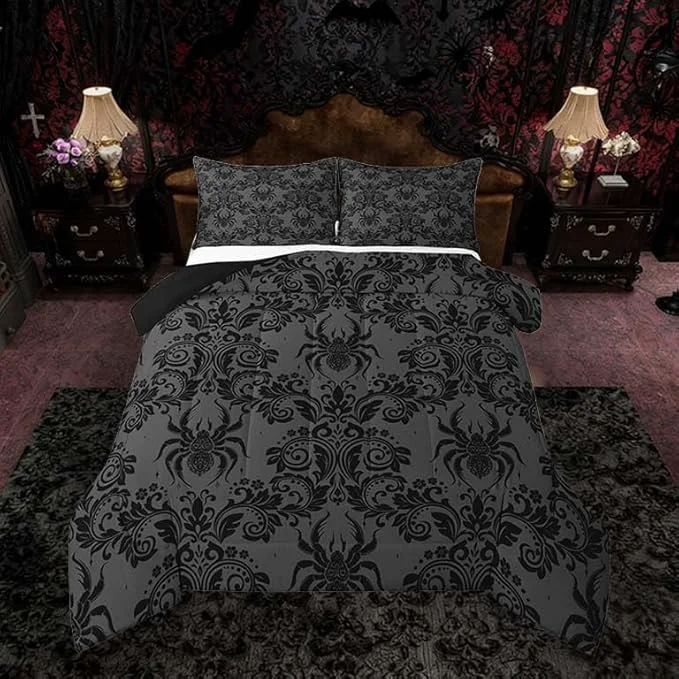 Advanced Feelyou Adults Gothic Comforter Set Queen Size Dark Olive Green Damask Bedding Set for Kids Boys Girls Spider Duvet Quilt Bedroom Decor Microfiber 3 Pcs with 2 Pillow Cases Easy-to-Use