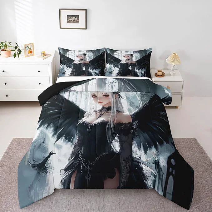 Smooth Erosebridal Anime Girl Bedding Set King Size Kawaii Japanese Anime Comforter for Kids Boys Teens Adult Cartoon Girl Quilt Japan Animation Bedroom Decor Machine Washable Black White Natural